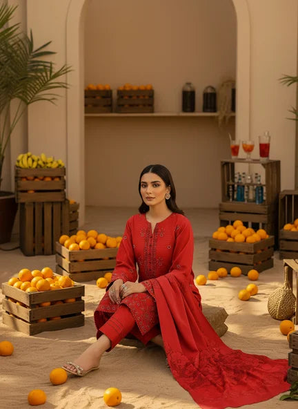 RED DHANAK EMBROIDERED | BAROSHA DUPATTA  | UNSTITCHED | 4602