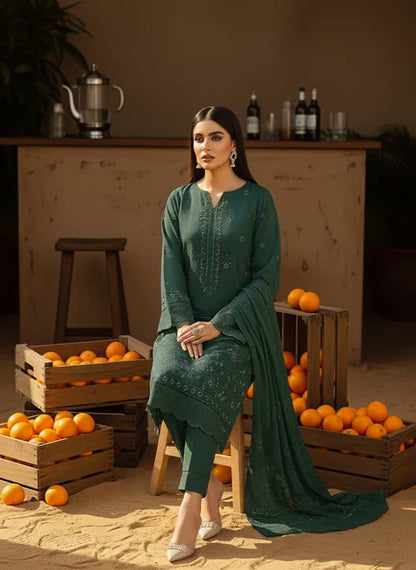 BOTTLE GREEN DHANAK EMBROIDERED | BAROSHA DUPATTA  | UNSTITCHED | 4601