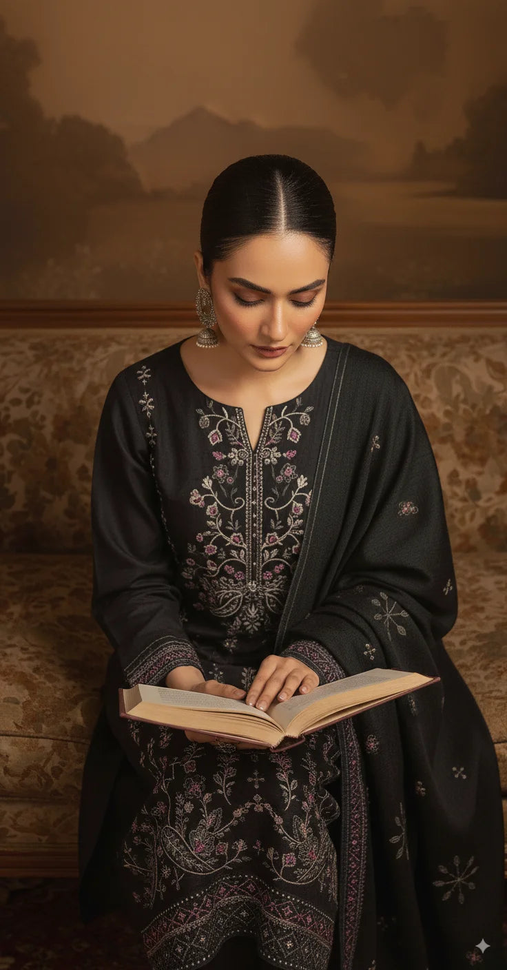 NIGHT BLACK DHANAK EMBROIDERED | 3 PIECE | UNSTITCHED | 4002