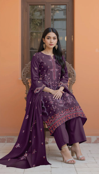 PURPLE VISCOSE EMBROIDERED | 3 PIECE | UNSTITCHED | 3601