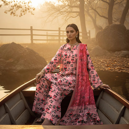 ROSE PINK PRINTED KARANDI | ALLOVER | UNSTITCHED | 3 PIECE | 4505