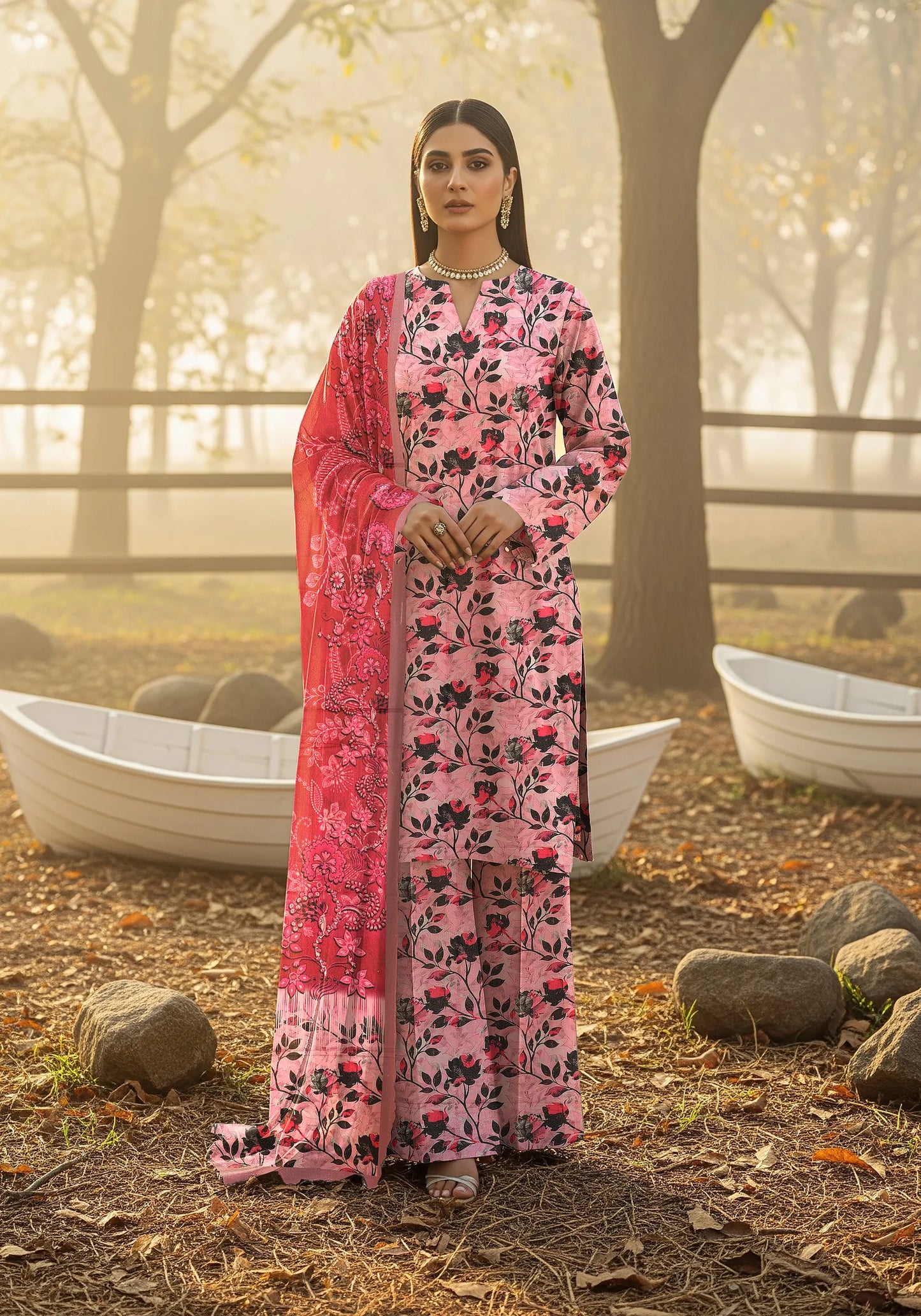 ROSE PINK PRINTED KARANDI | ALLOVER | UNSTITCHED | 3 PIECE | 4505