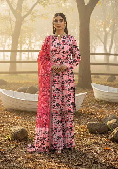 ROSE PINK PRINTED KARANDI | ALLOVER | UNSTITCHED | 3 PIECE | 4505
