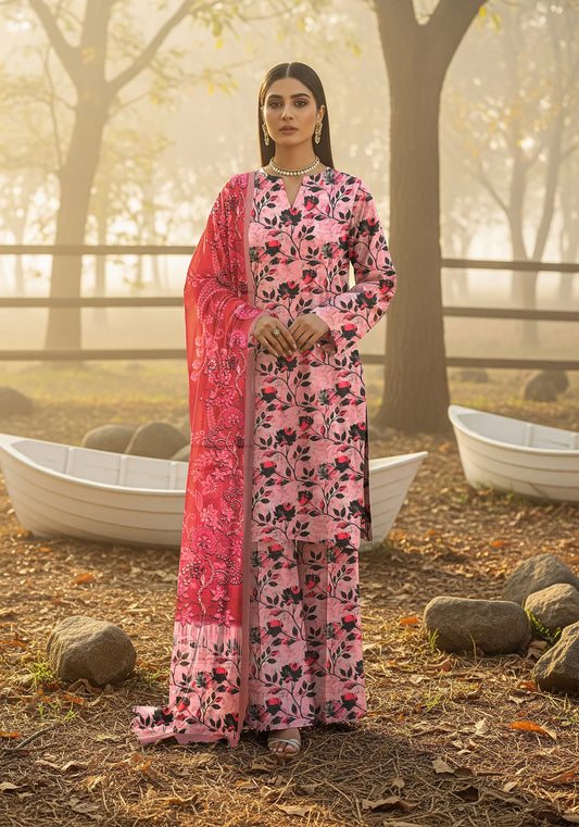 ROSE PINK PRINTED KARANDI | ALLOVER | UNSTITCHED | 3 PIECE | 4505