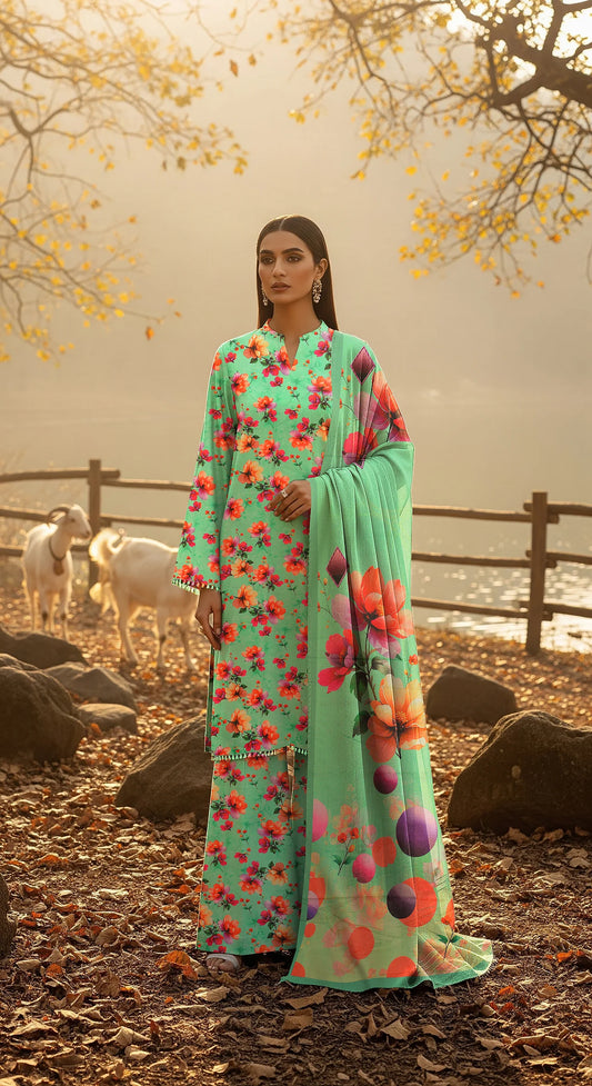 VISTA GREEN PRINTED KARANDI | ALLOVER | UNSTITCHED | 3 PIECE | 4504