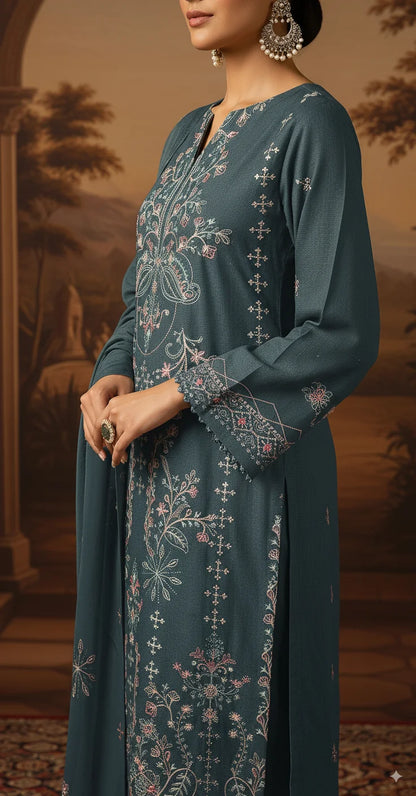 SEA BLUE  DHANAK EMBROIDERED | 3 PIECE | UNSTITCHED | 4004
