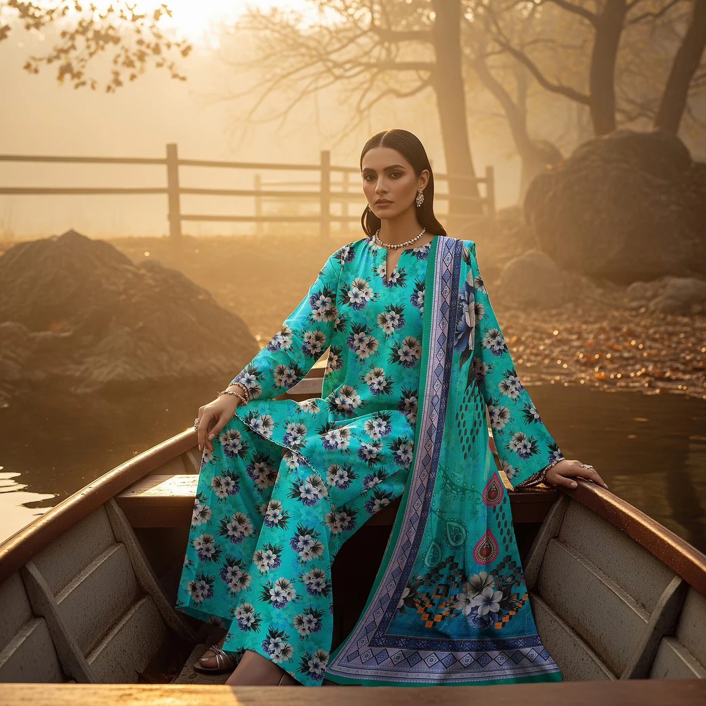 TEAL PRINTED KARANDI | ALLOVER | UNSTITCHED | 3 PIECE | 4502