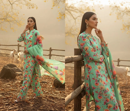 VISTA GREEN PRINTED KARANDI | ALLOVER | UNSTITCHED | 3 PIECE | 4504