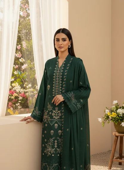 DARK GREEN  DHANAK EMBROIDERED | 3 PIECE | UNSTITCHED | 4702