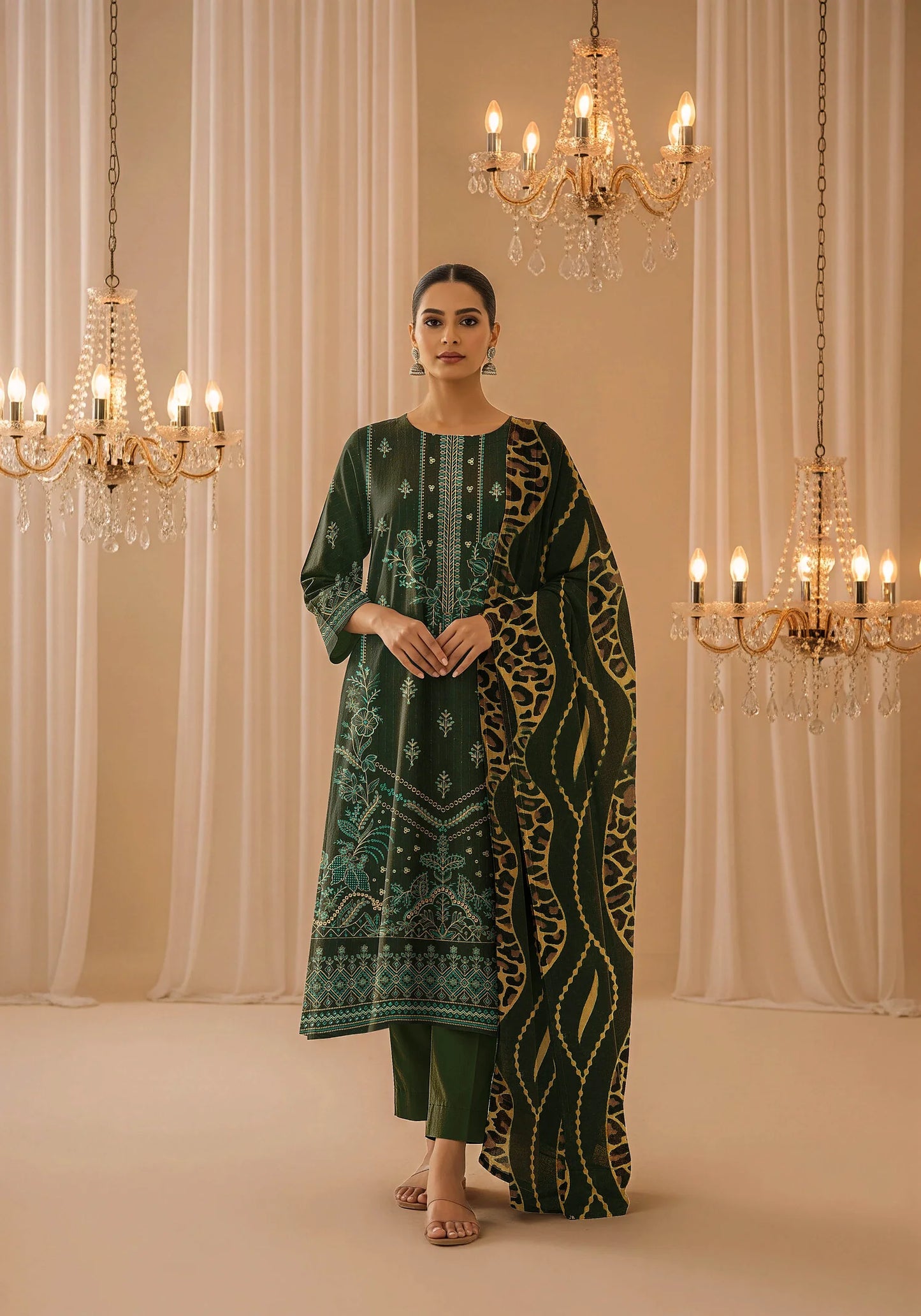 GREEN DARK DHANAK EMBROIDERED | PALACHI VELVET SHAWL | UNSTITCHED | 4904