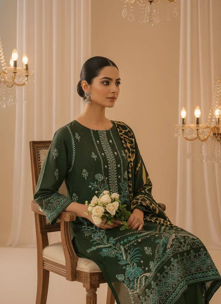 GREEN DARK DHANAK EMBROIDERED | PALACHI VELVET SHAWL | UNSTITCHED | 4904