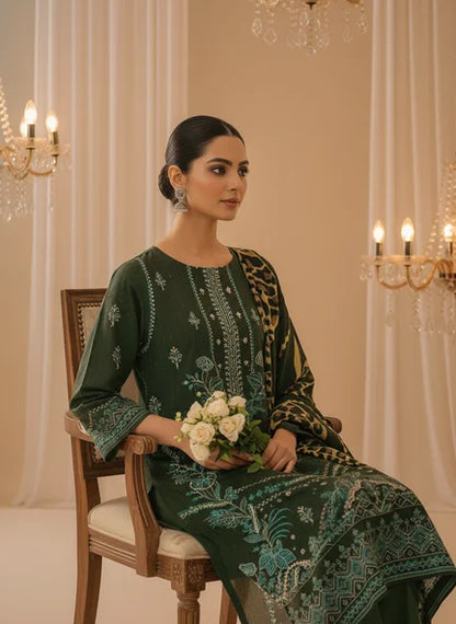 GREEN DARK DHANAK EMBROIDERED | PALACHI VELVET SHAWL | UNSTITCHED | 4904