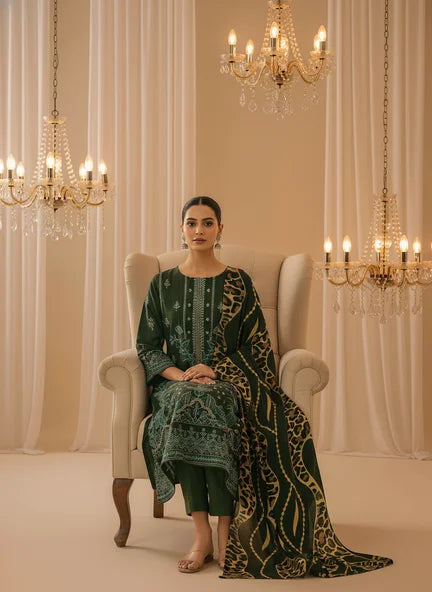 GREEN DARK DHANAK EMBROIDERED | PALACHI VELVET SHAWL | UNSTITCHED | 4904