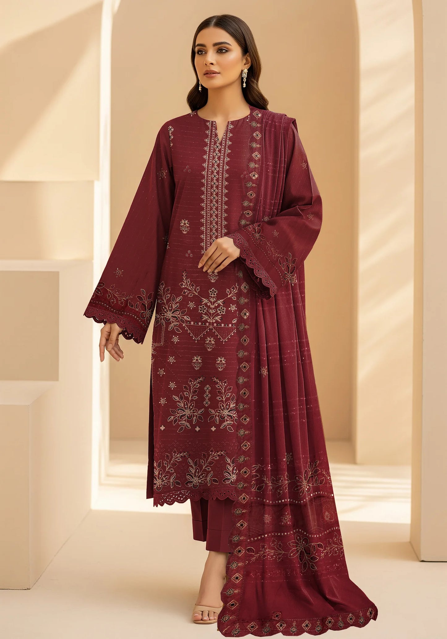 MAROON  DHANAK EMBROIDERED | 3 PIECE | UNSTITCHED | 4703