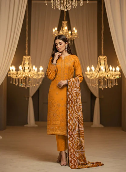 MUSTARD DHANAK EMBROIDERED | PALACHI VELVET SHAWL | UNSTITCHED | 4805