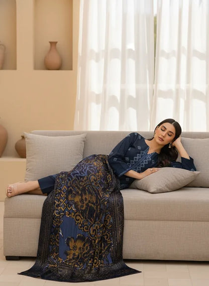 BLUE DARK DHANAK EMBROIDERED | PALACHI VELVET SHAWL | UNSTITCHED | 5105