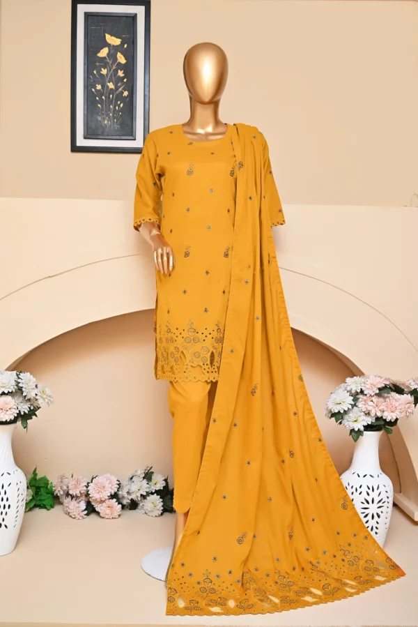 MUSTARD 3 PIECE COTTON EMBROIDERED SUIT {UNSTITCHED} – 1003 – BINOSMAN