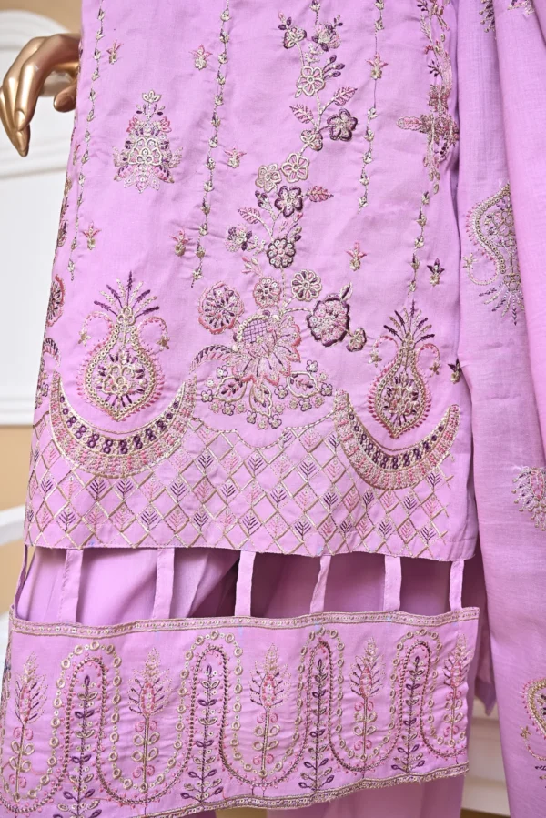 LAVENDER PINK 3 PIECE COTTON EMBROIDERED SUIT {UNSTITCHED} – 3006 – BINOSMAN - Image 3