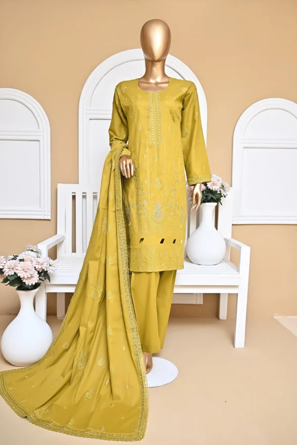 OLIVE YELLOW 3 PIECE COTTON EMBROIDERED SUIT {UNSTITCHED} – 3002 – BINOSMAN