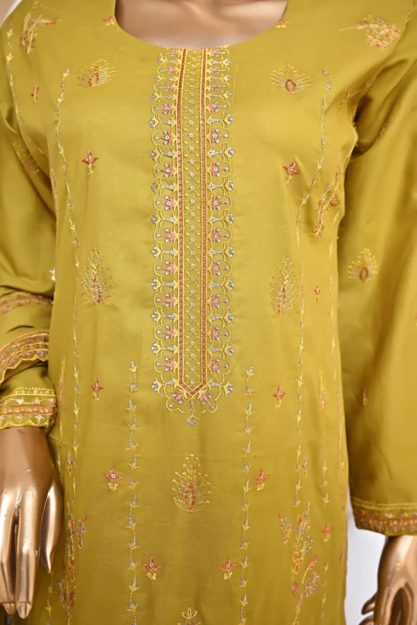 OLIVE YELLOW 3 PIECE COTTON EMBROIDERED SUIT {UNSTITCHED} – 3002 – BINOSMAN - Image 5