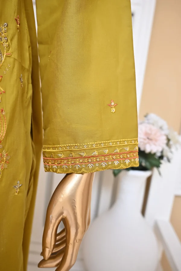 OLIVE YELLOW 3 PIECE COTTON EMBROIDERED SUIT {UNSTITCHED} – 3002 – BINOSMAN - Image 6