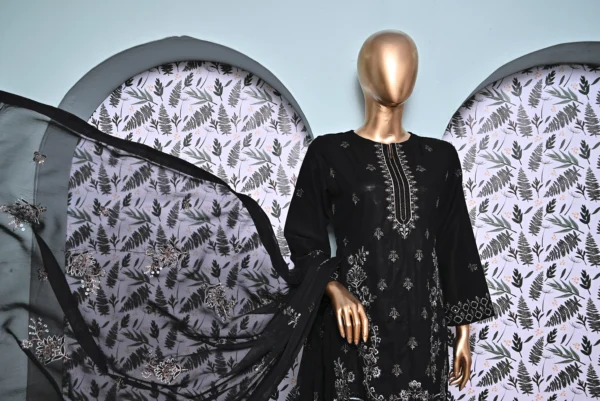 BLACK 3 PIECE COTTON EMBROIDERED SUIT {UNSTITCHED} – 4001 – BINOSMAN - Image 3