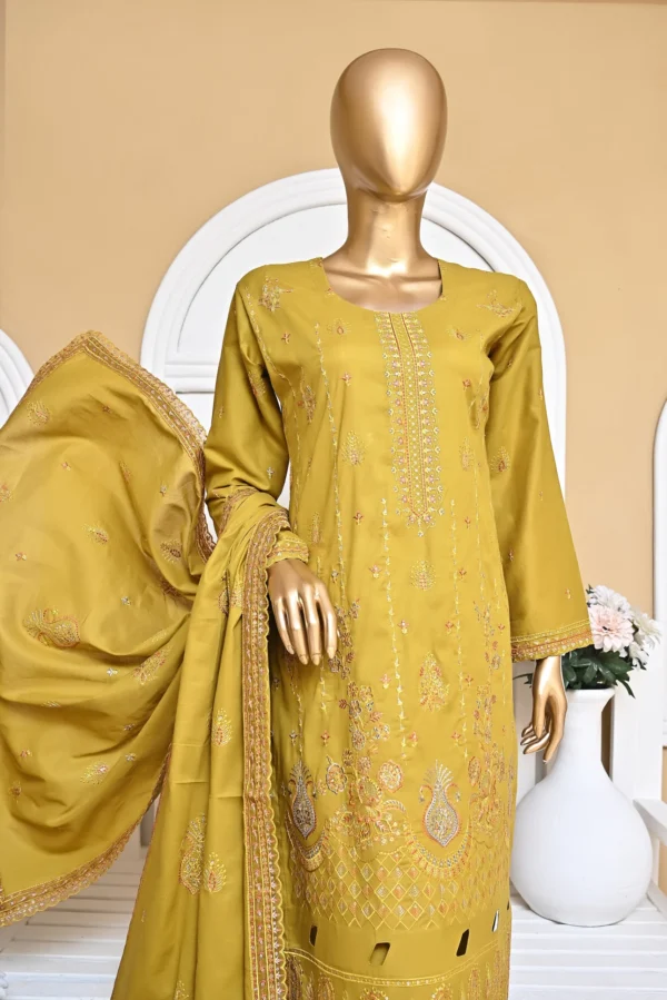 OLIVE YELLOW 3 PIECE COTTON EMBROIDERED SUIT {UNSTITCHED} – 3002 – BINOSMAN - Image 4