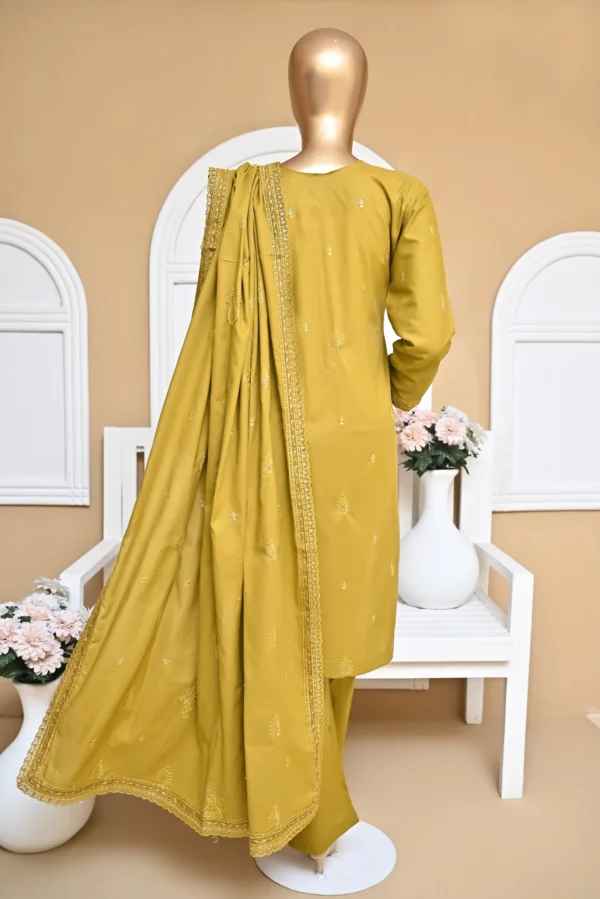OLIVE YELLOW 3 PIECE COTTON EMBROIDERED SUIT {UNSTITCHED} – 3002 – BINOSMAN - Image 2