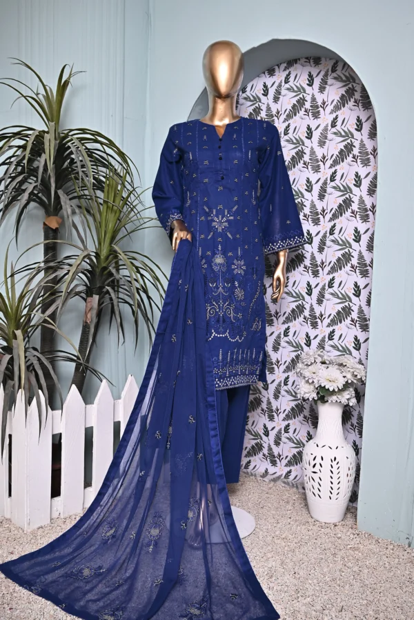 MIDNIGHT BLUE 3 PIECE COTTON EMBROIDERED SUIT {UNSTITCHED} – 4003 – BINOSMAN