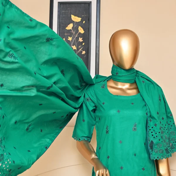 SEA GREEN 3 PIECE COTTON EMBROIDERED SUIT {UNSTITCHED} – 1005 – BINOSMAN - Image 4