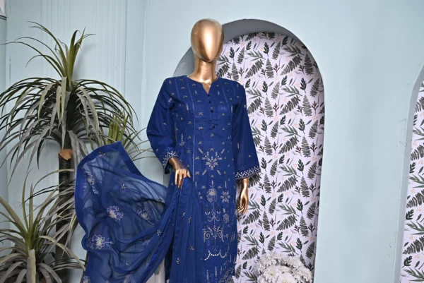 MIDNIGHT BLUE 3 PIECE COTTON EMBROIDERED SUIT {UNSTITCHED} – 4003 – BINOSMAN - Image 3