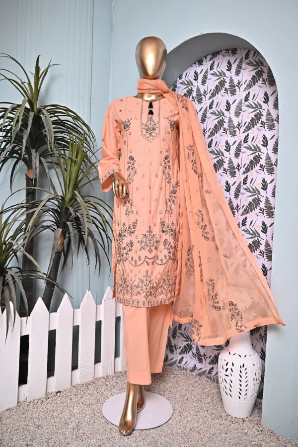 PEACH 3 PIECE COTTON EMBROIDERED SUIT {UNSTITCHED} – 4002 – BINOSMAN