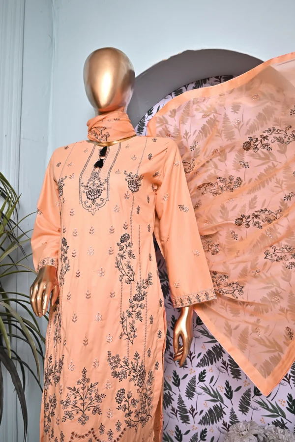 PEACH 3 PIECE COTTON EMBROIDERED SUIT {UNSTITCHED} – 4002 – BINOSMAN - Image 3