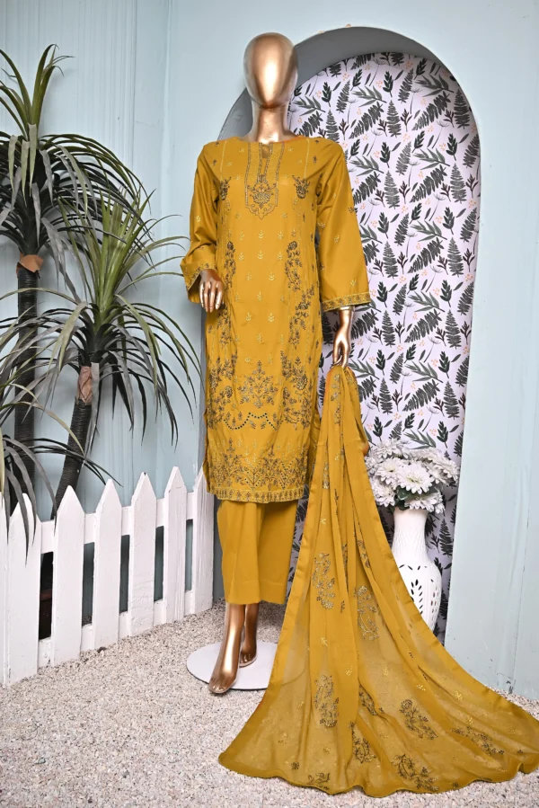 MUSTARD 3 PIECE COTTON EMBROIDERED SUIT {UNSTITCHED} – 4005 – BINOSMAN