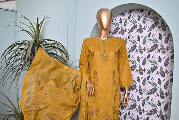 MUSTARD 3 PIECE COTTON EMBROIDERED SUIT {UNSTITCHED} – 4005 – BINOSMAN - Image 3