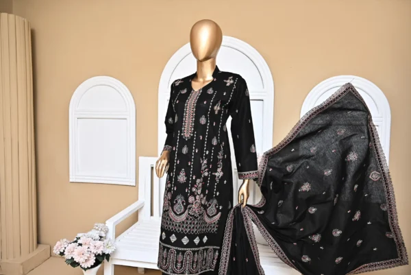 THUNDER BLACK 3 PIECE COTTON EMBROIDERED SUIT {UNSTITCHED} – 3003 – BINOSMAN - Image 4