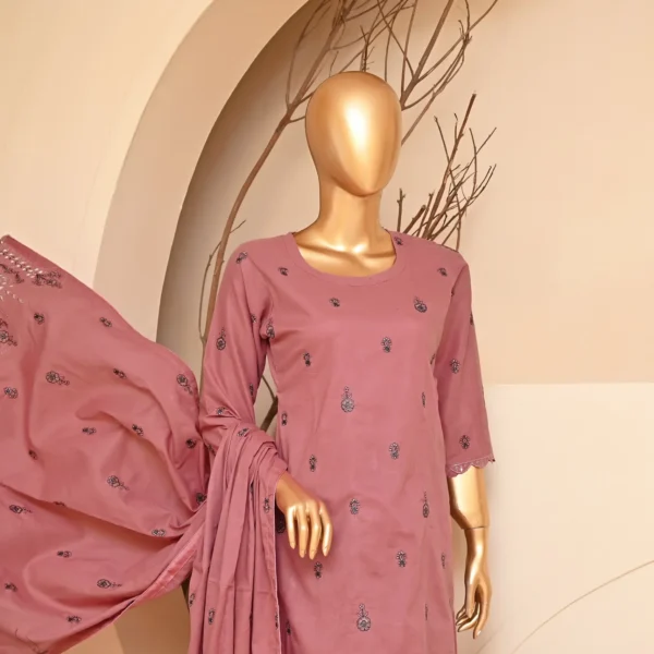 DUSTY PINK 3 PIECE COTTON EMBROIDERED SUIT {UNSTITCHED} – 1001 – BINOSMAN - Image 5