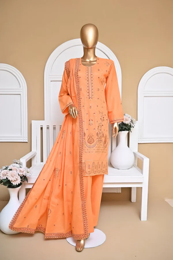 PEACH 3 PIECE COTTON EMBROIDERED SUIT {UNSTITCHED} – 3004 – BINOSMAN