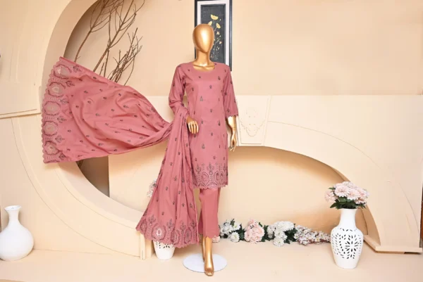DUSTY PINK 3 PIECE COTTON EMBROIDERED SUIT {UNSTITCHED} – 1001 – BINOSMAN - Image 2