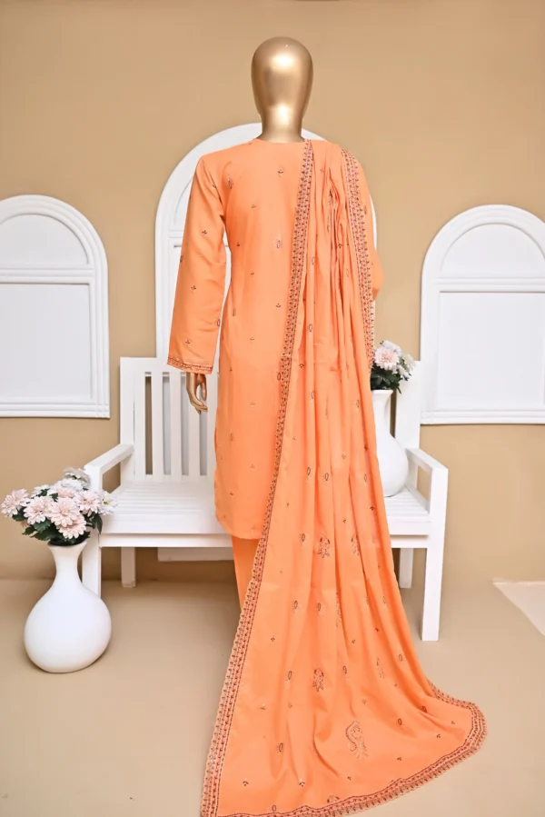 PEACH 3 PIECE COTTON EMBROIDERED SUIT {UNSTITCHED} – 3004 – BINOSMAN - Image 2