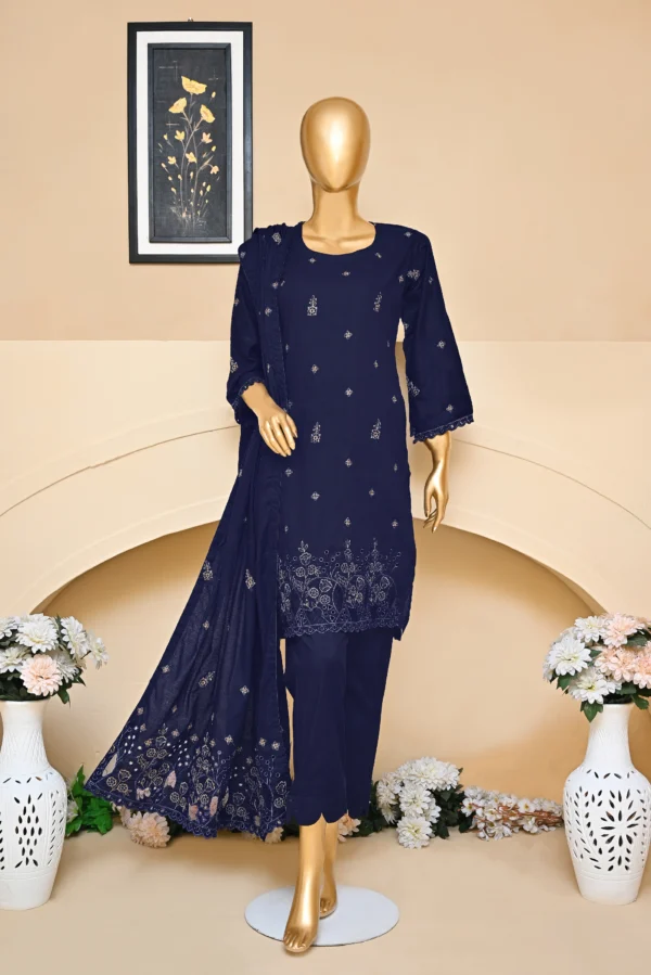 NAVY BLUE 3 PIECE COTTON EMBROIDERED SUIT {UNSTITCHED} – 1004 – BINOSMAN