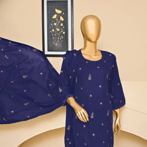 NAVY BLUE 3 PIECE COTTON EMBROIDERED SUIT {UNSTITCHED} – 1004 – BINOSMAN - Image 6