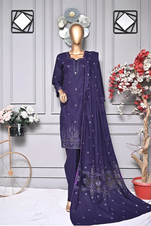 PLUM PURPLE 3 PIECE COTTON EMBROIDERED SUIT {UNSTITCHED} – 2005 – BINOSMAN