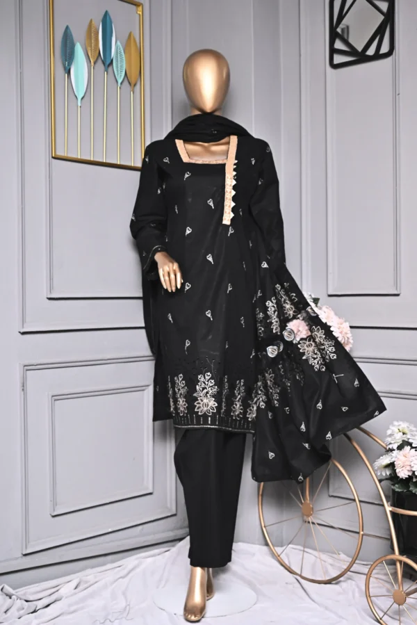 JET BLACK 3 PIECE COTTON EMBROIDERED SUIT {UNSTITCHED} – 2001 – BINOSMAN