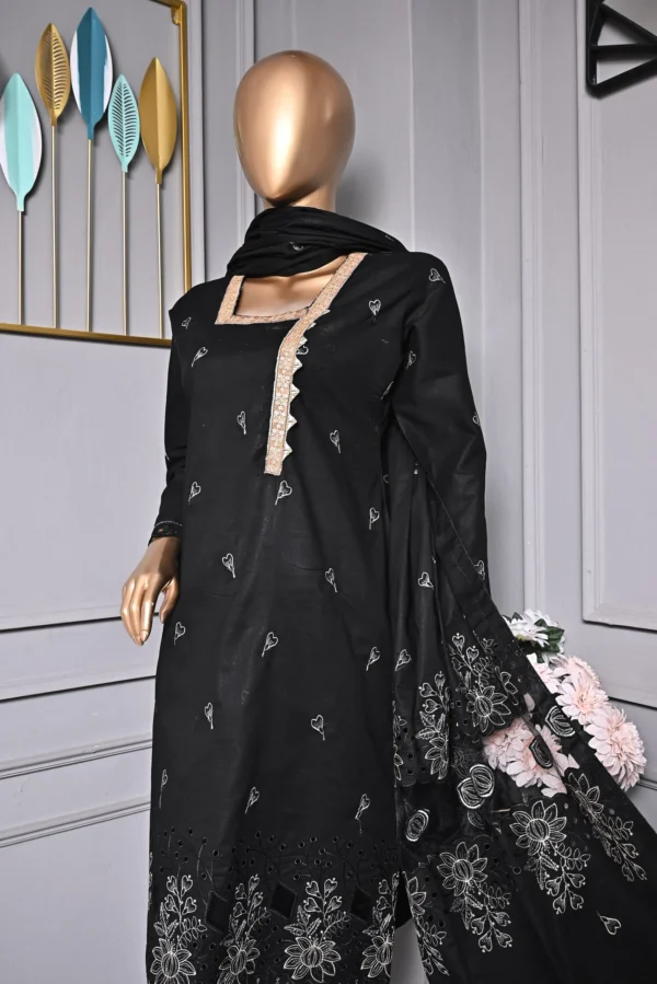 JET BLACK 3 PIECE COTTON EMBROIDERED SUIT {UNSTITCHED} – 2001 – BINOSMAN - Image 4