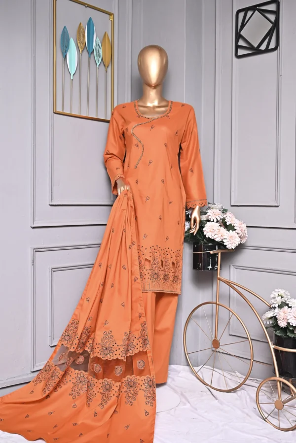 RUST ORANGE 3 PIECE COTTON EMBROIDERED SUIT {UNSTITCHED} – 2006 – BINOSMAN