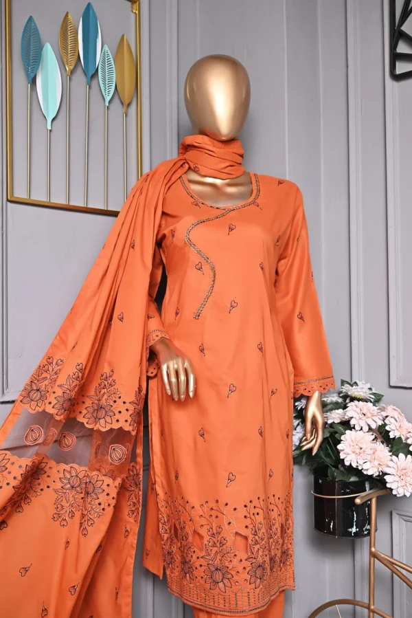 RUST ORANGE 3 PIECE COTTON EMBROIDERED SUIT {UNSTITCHED} – 2006 – BINOSMAN - Image 6