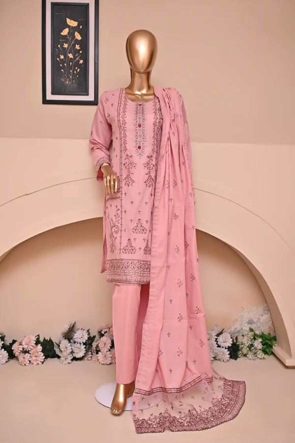 FLAMINGO PINK 3 PIECE COTTON EMBROIDERED SUIT {UNSTITCHED} – 6005 – BINOSMAN
