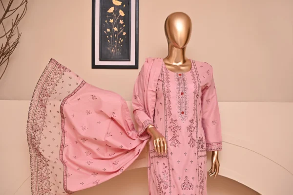 FLAMINGO PINK 3 PIECE COTTON EMBROIDERED SUIT {UNSTITCHED} – 6005 – BINOSMAN - Image 2