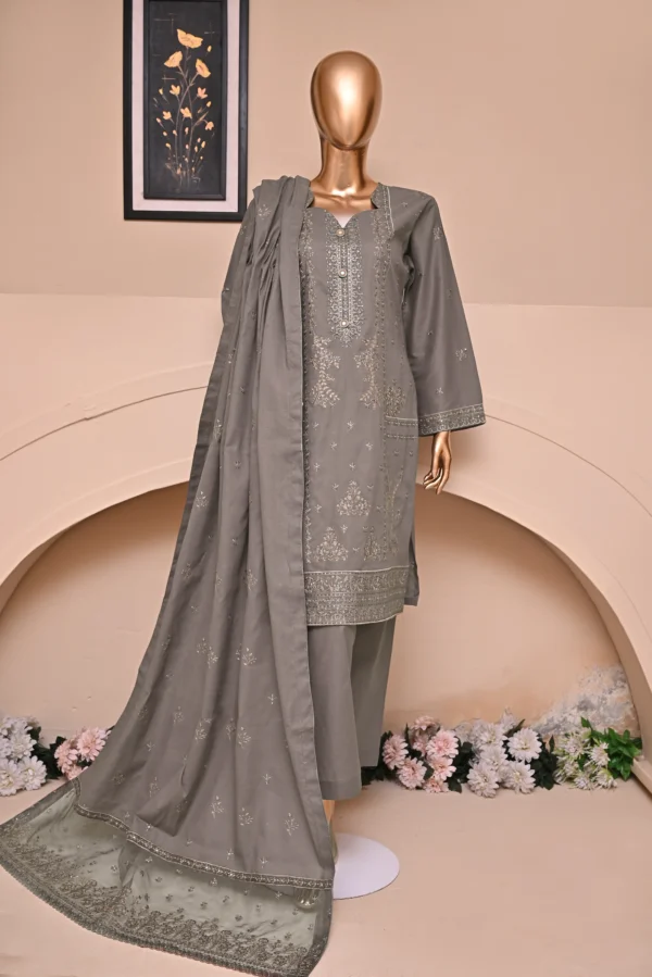 SAND STONE GRAY 3 PIECE COTTON EMBROIDERED SUIT {UNSTITCHED} – 6004 – BINOSMAN